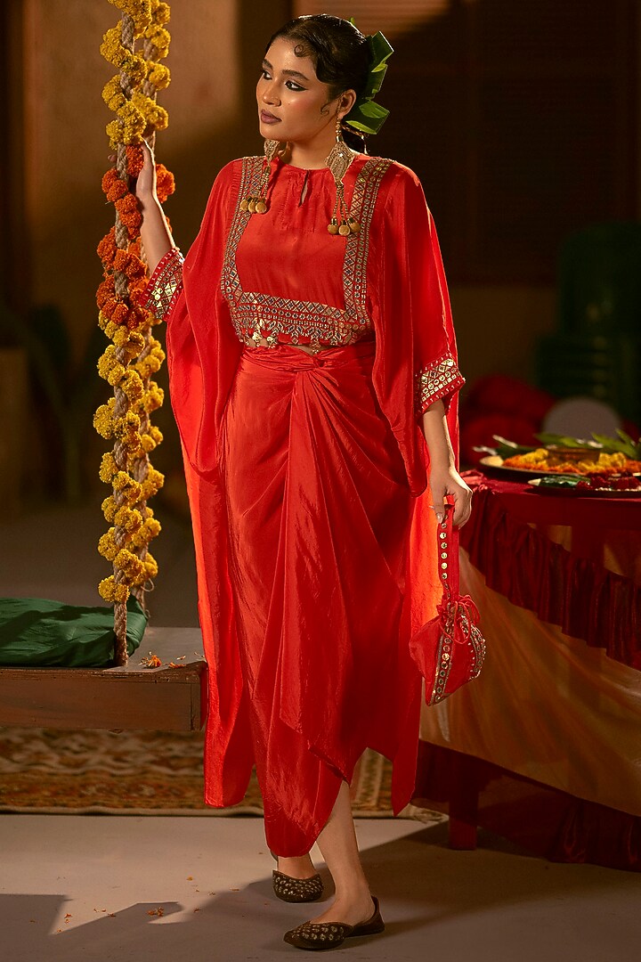 Red Vegan Crepe Silk Wrap Skirt Set by Prahnaaya at Pernia's Pop Up Shop
