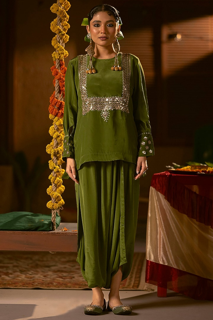 Mehendi Vegan Crepe Silk Dhoti Skirt Set by Prahnaaya at Pernia's Pop Up Shop