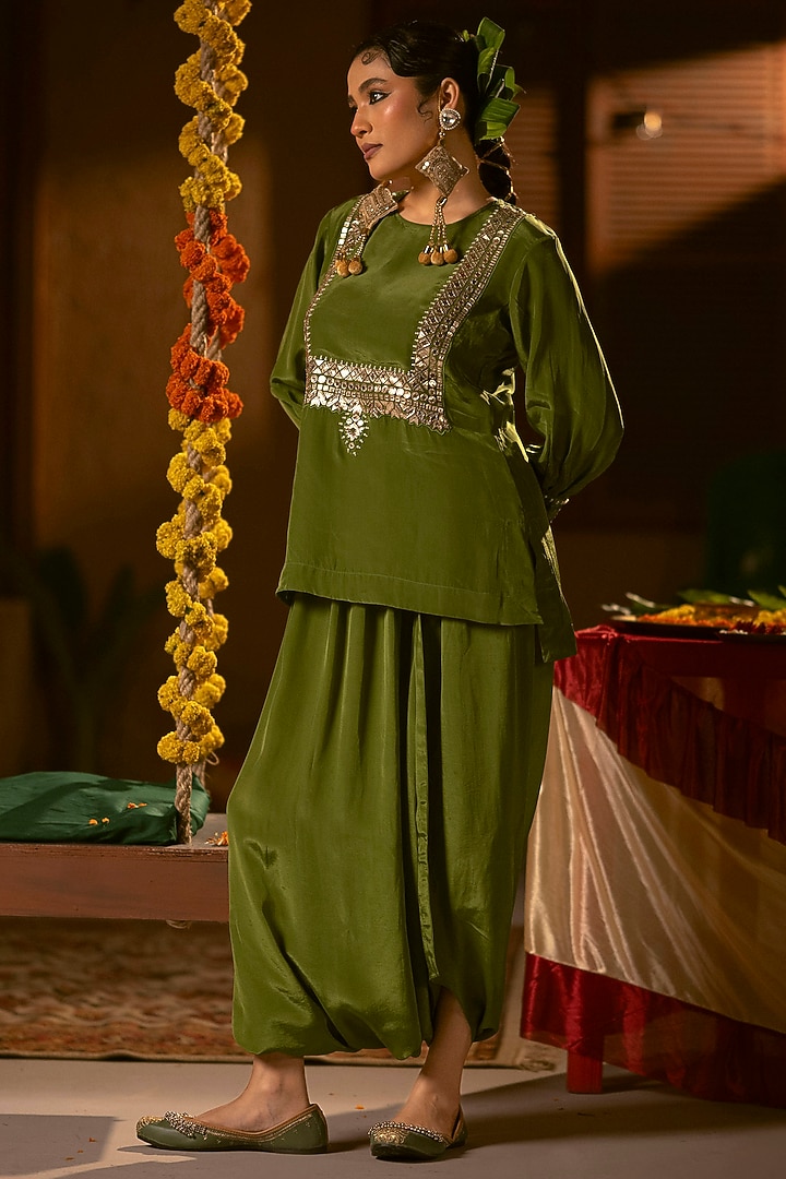 Mehendi Vegan Crepe Silk Dhoti Skirt Set by Prahnaaya at Pernia's Pop Up Shop