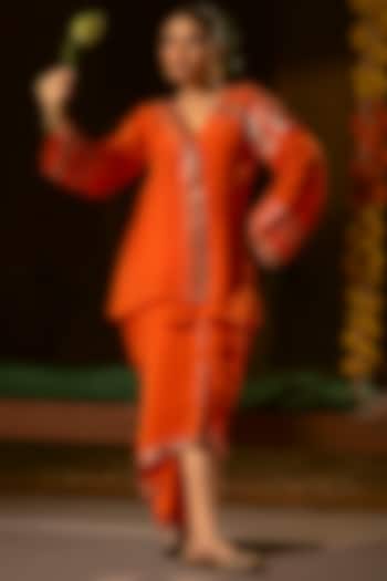 Orange Vegan Crepe Silk Pleated Skirt Set by Prahnaaya at Pernia's Pop Up Shop