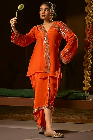 Orange Vegan Crepe Silk Pleated Skirt Set by Prahnaaya