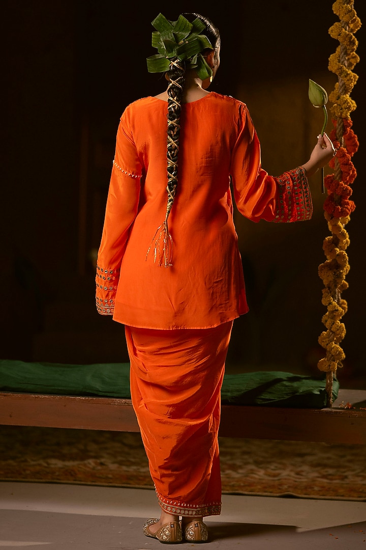 Orange Vegan Crepe Silk Pleated Skirt Set by Prahnaaya at Pernia's Pop Up Shop