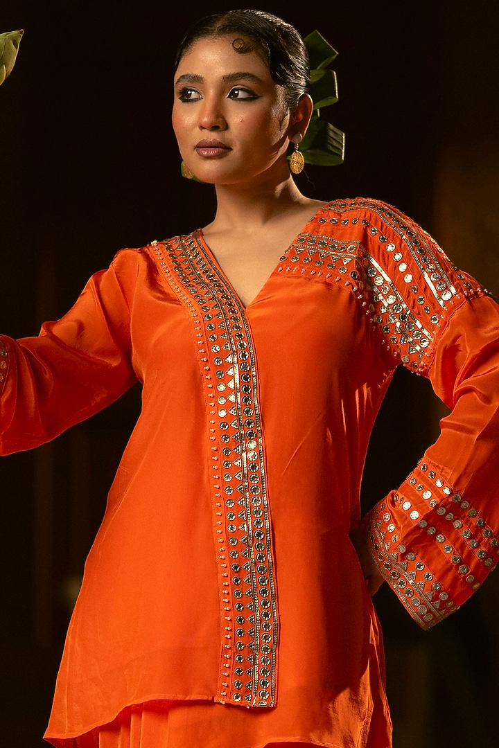 Orange Vegan Crepe Silk Pleated Skirt Set by Prahnaaya at Pernia's Pop Up Shop