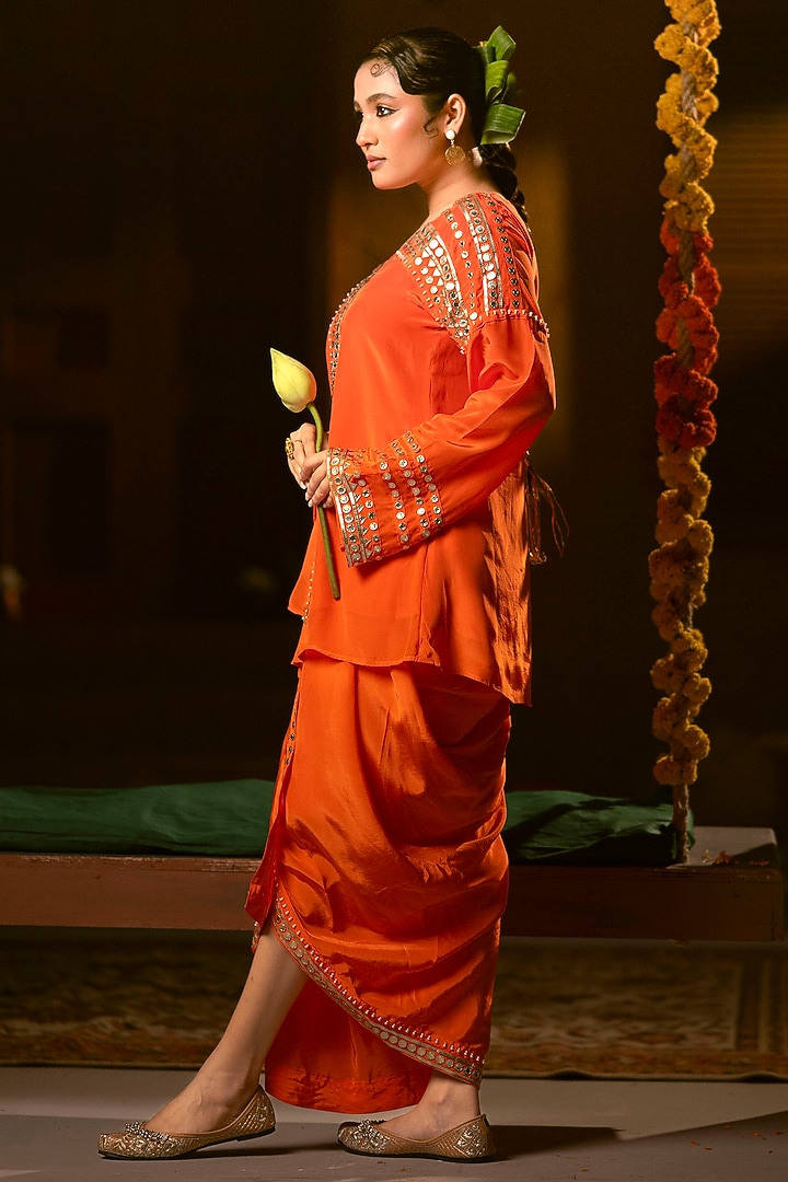Orange Vegan Crepe Silk Pleated Skirt Set by Prahnaaya at Pernia's Pop Up Shop
