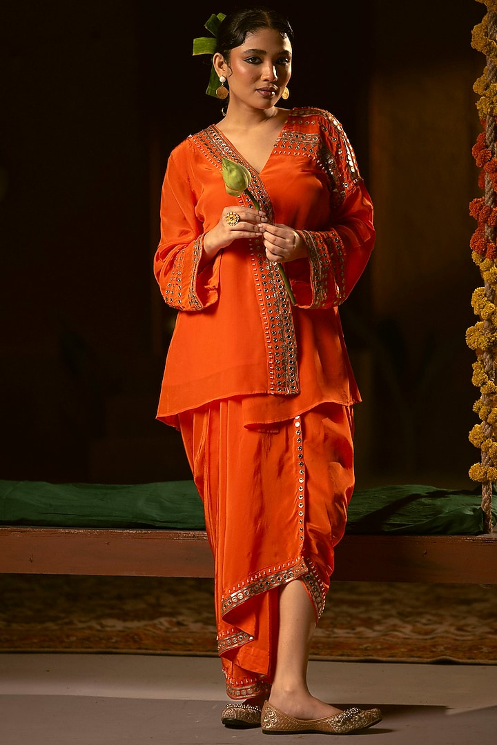 Orange Vegan Crepe Silk Pleated Skirt Set by Prahnaaya at Pernia's Pop Up Shop
