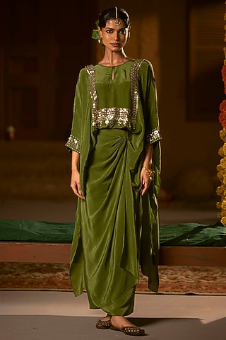 Mehendi Green Vegan Crepe Silk Wrap Skirt Set by Prahnaaya