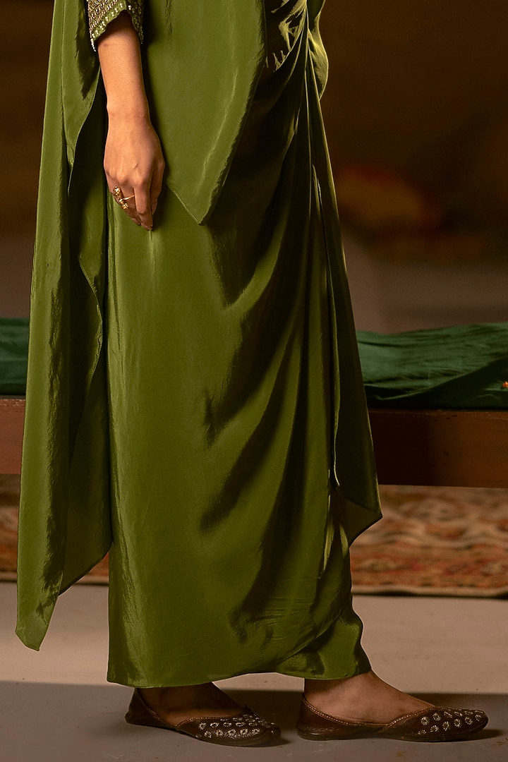 Mehendi Green Vegan Crepe Silk Wrap Skirt Set by Prahnaaya at Pernia's Pop Up Shop
