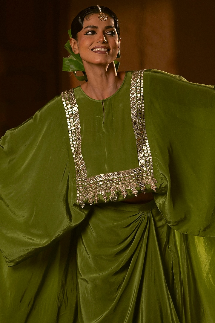 Mehendi Green Vegan Crepe Silk Wrap Skirt Set by Prahnaaya at Pernia's Pop Up Shop