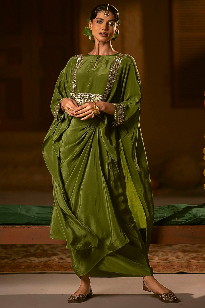 Mehendi Green Vegan Crepe Silk Wrap Skirt Set by Prahnaaya at Pernia's Pop Up Shop