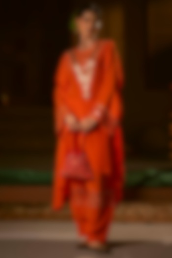 Orange Vegan Crepe Silk Embroidered Choga Kurta Set by Prahnaaya at Pernia's Pop Up Shop