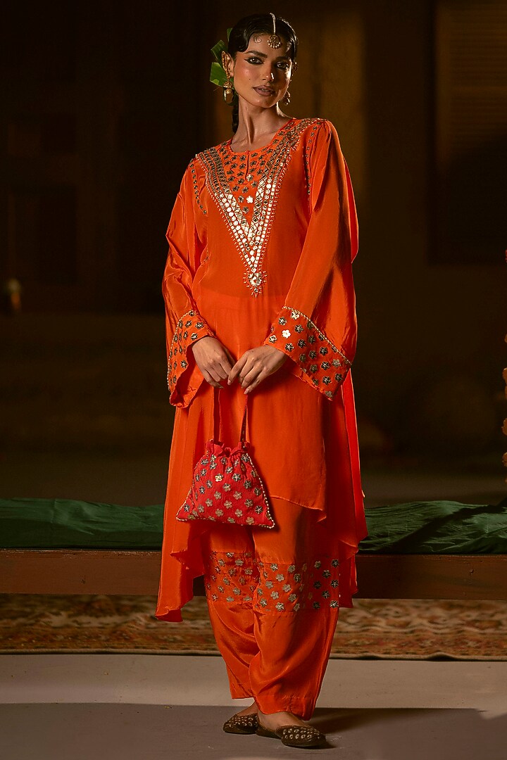 Orange Vegan Crepe Silk Embroidered Choga Kurta Set by Prahnaaya at Pernia's Pop Up Shop