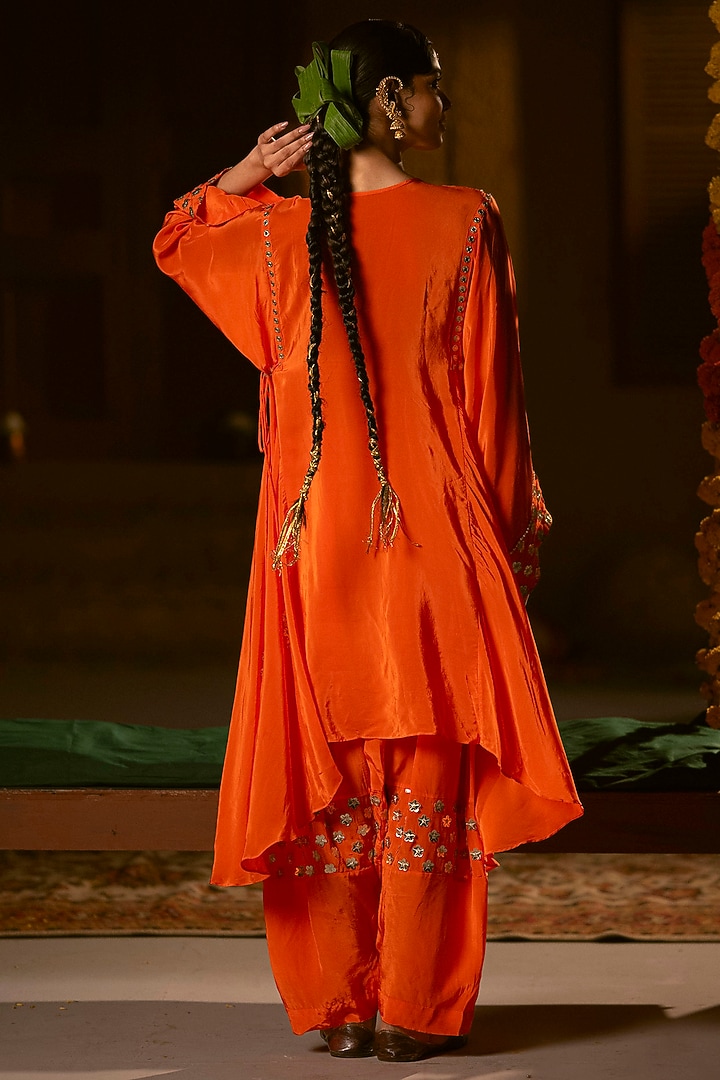 Orange Vegan Crepe Silk Embroidered Choga Kurta Set by Prahnaaya at Pernia's Pop Up Shop