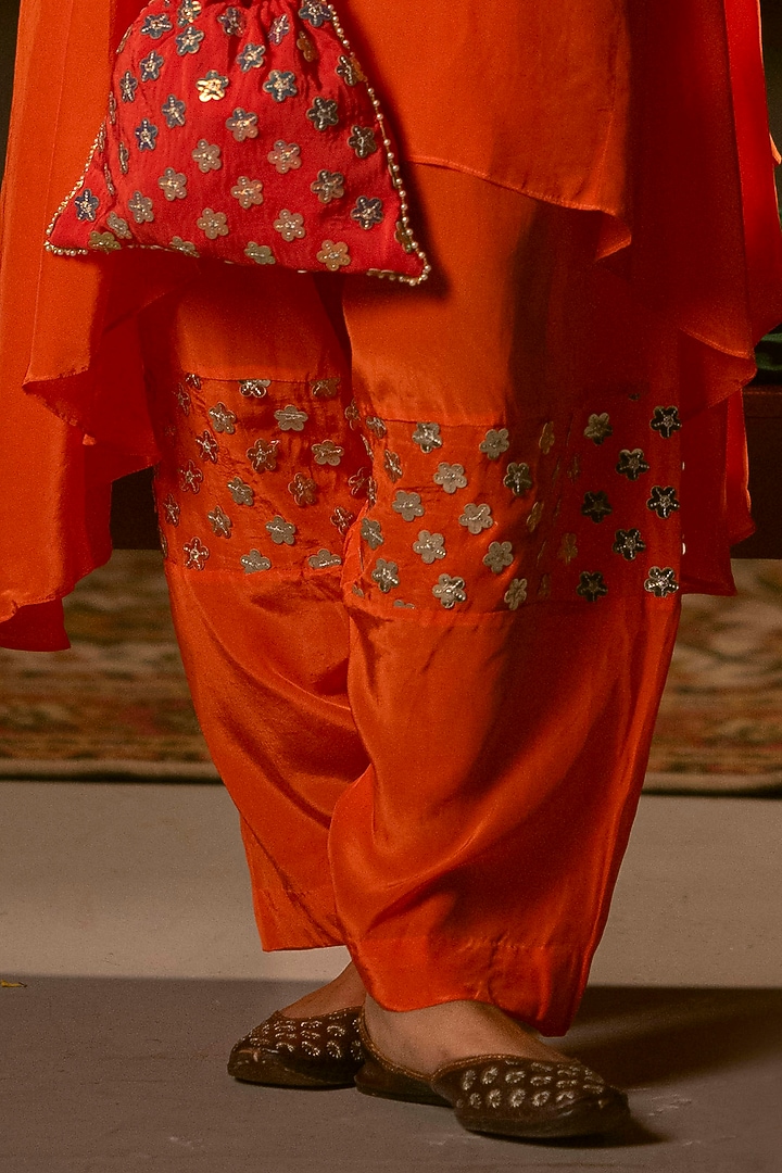 Orange Vegan Crepe Silk Embroidered Choga Kurta Set by Prahnaaya at Pernia's Pop Up Shop