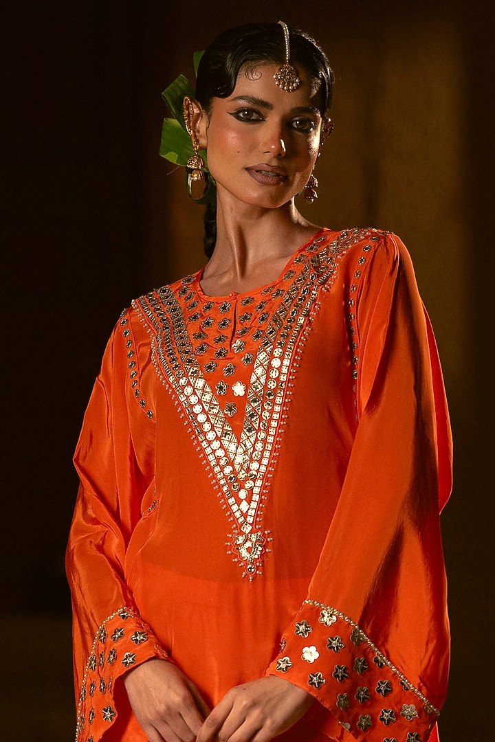 Orange Vegan Crepe Silk Embroidered Choga Kurta Set by Prahnaaya at Pernia's Pop Up Shop