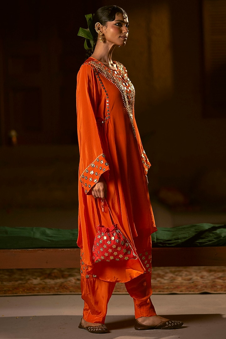 Orange Vegan Crepe Silk Embroidered Choga Kurta Set by Prahnaaya at Pernia's Pop Up Shop