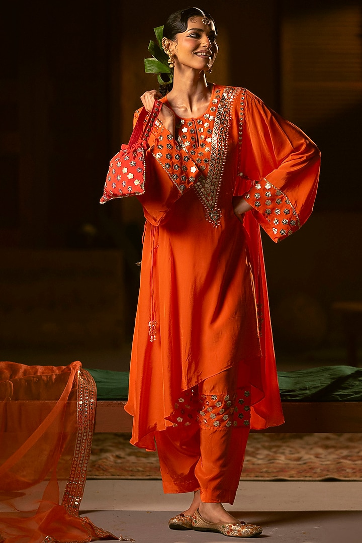 Orange Vegan Crepe Silk Embroidered Choga Kurta Set by Prahnaaya at Pernia's Pop Up Shop