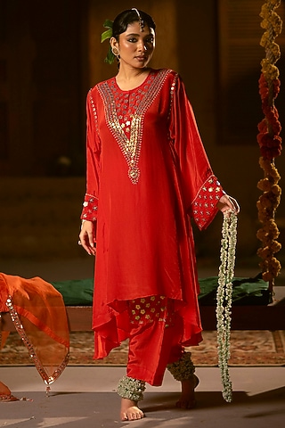 Red Vegan Crepe Silk Embroidered Choga Kurta Set by Prahnaaya