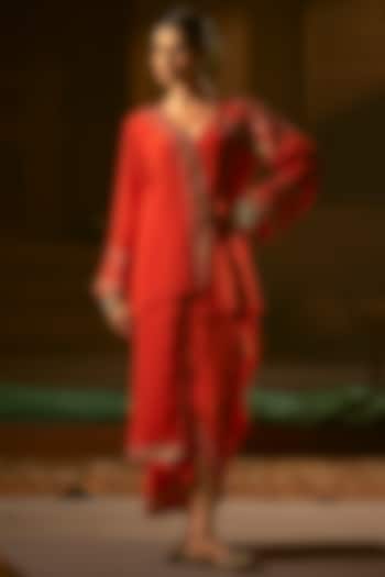 Red Vegan Crepe Silk Pleated Skirt Set by Prahnaaya at Pernia's Pop Up Shop