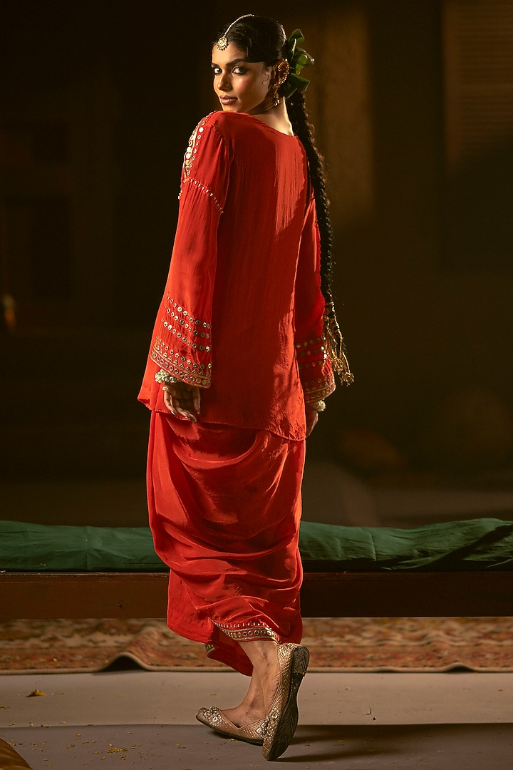 Red Vegan Crepe Silk Pleated Skirt Set by Prahnaaya at Pernia's Pop Up Shop