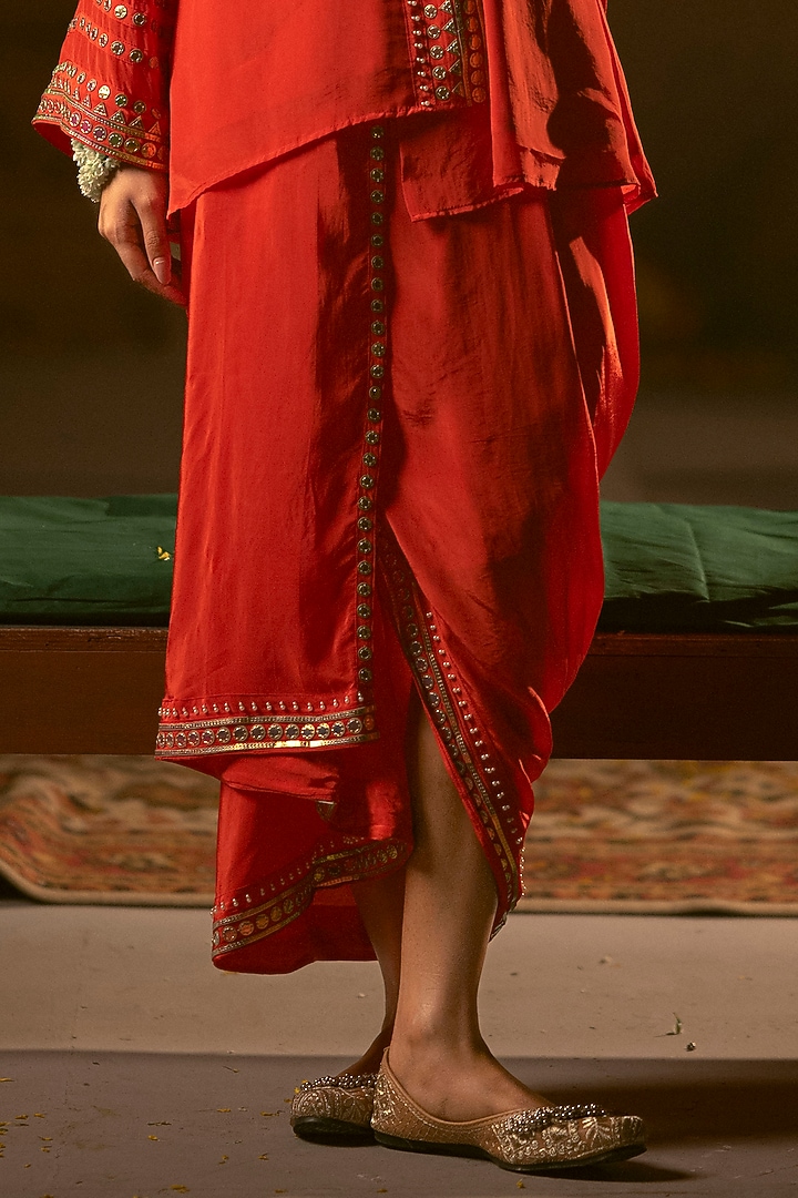 Red Vegan Crepe Silk Pleated Skirt Set by Prahnaaya at Pernia's Pop Up Shop