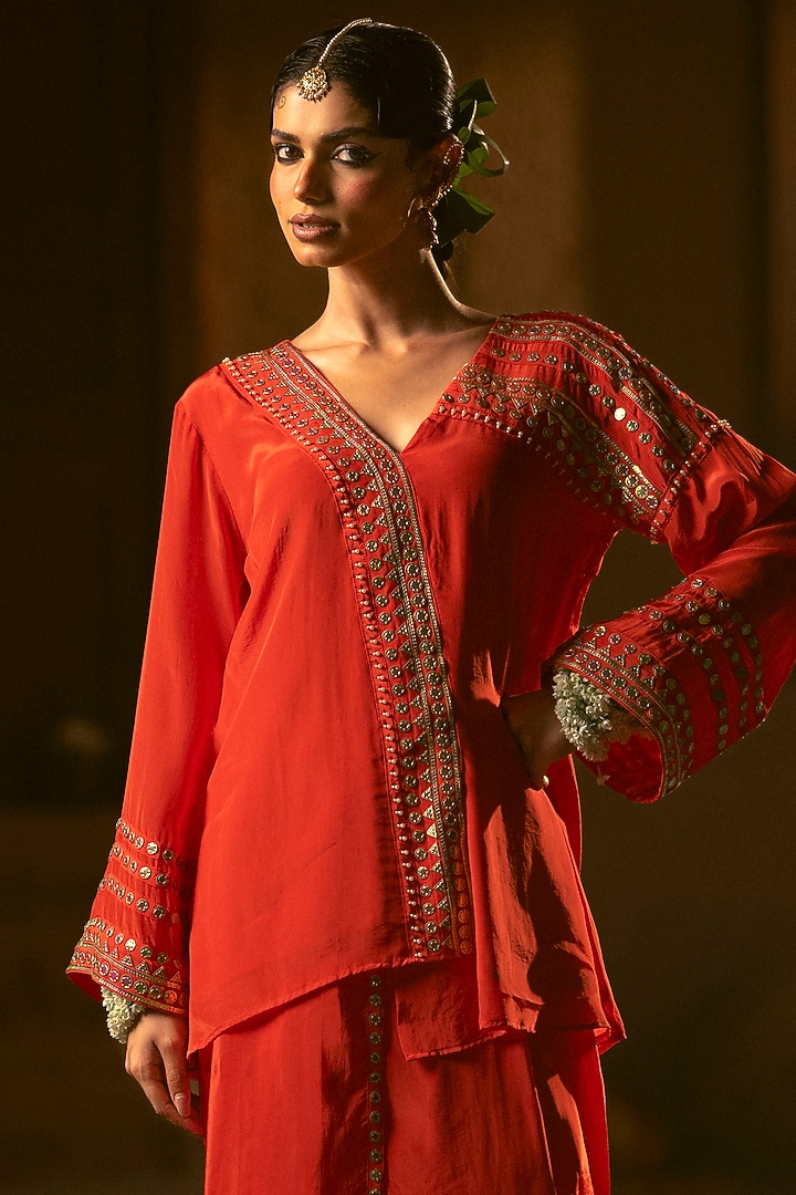 Red Vegan Crepe Silk Pleated Skirt Set by Prahnaaya at Pernia's Pop Up Shop