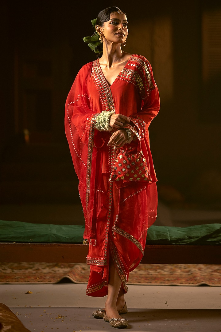 Red Vegan Crepe Silk Pleated Skirt Set by Prahnaaya at Pernia's Pop Up Shop