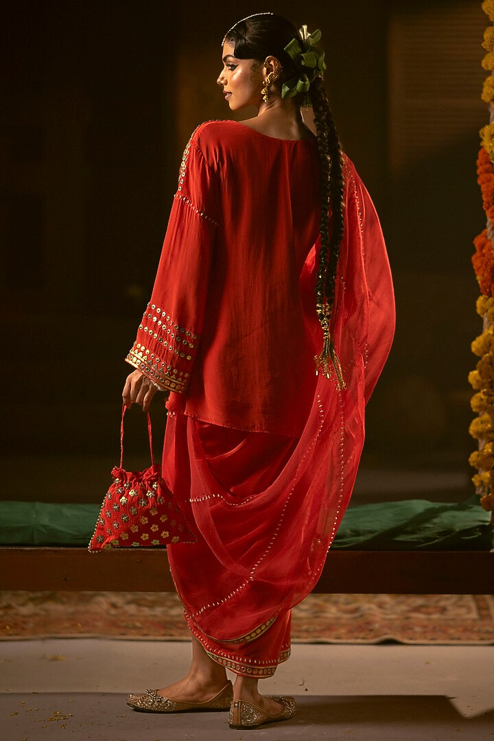 Red Vegan Crepe Silk Pleated Skirt Set by Prahnaaya at Pernia's Pop Up Shop