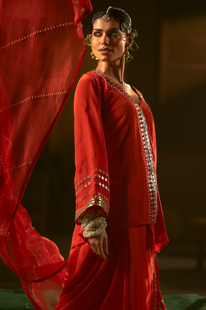 Red Vegan Crepe Silk Pleated Skirt Set by Prahnaaya at Pernia's Pop Up Shop