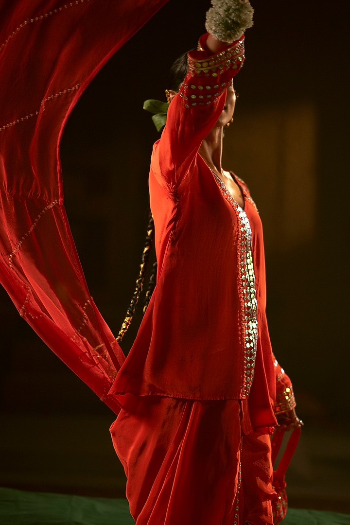Red Vegan Crepe Silk Pleated Skirt Set by Prahnaaya at Pernia's Pop Up Shop