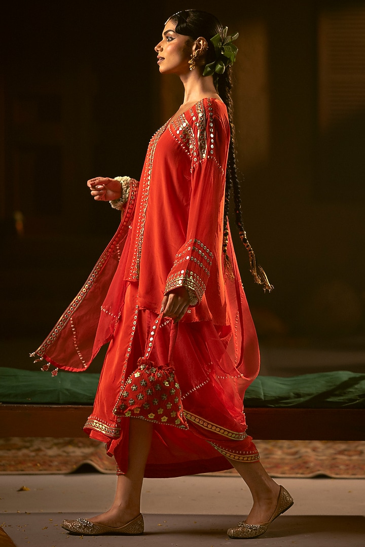 Red Vegan Crepe Silk Pleated Skirt Set by Prahnaaya at Pernia's Pop Up Shop