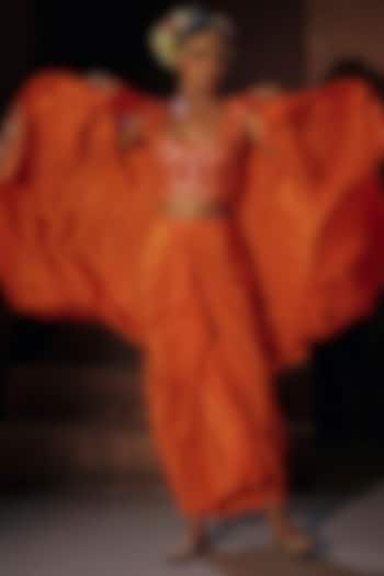 Orange Vegan Crepe Silk Cape Set by Prahnaaya at Pernia's Pop Up Shop