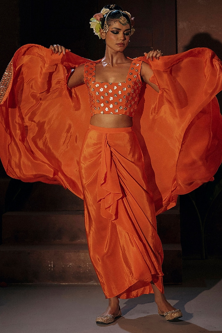 Orange Vegan Crepe Silk Cape Set by Prahnaaya at Pernia's Pop Up Shop