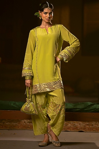Sublime Neon Vegan Crepe Silk Embroidered Kurta Set by Prahnaaya