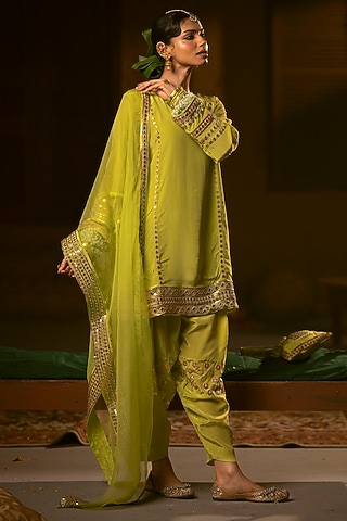 Sublime Neon Vegan Crepe Silk Embroidered Kurta Set by Prahnaaya
