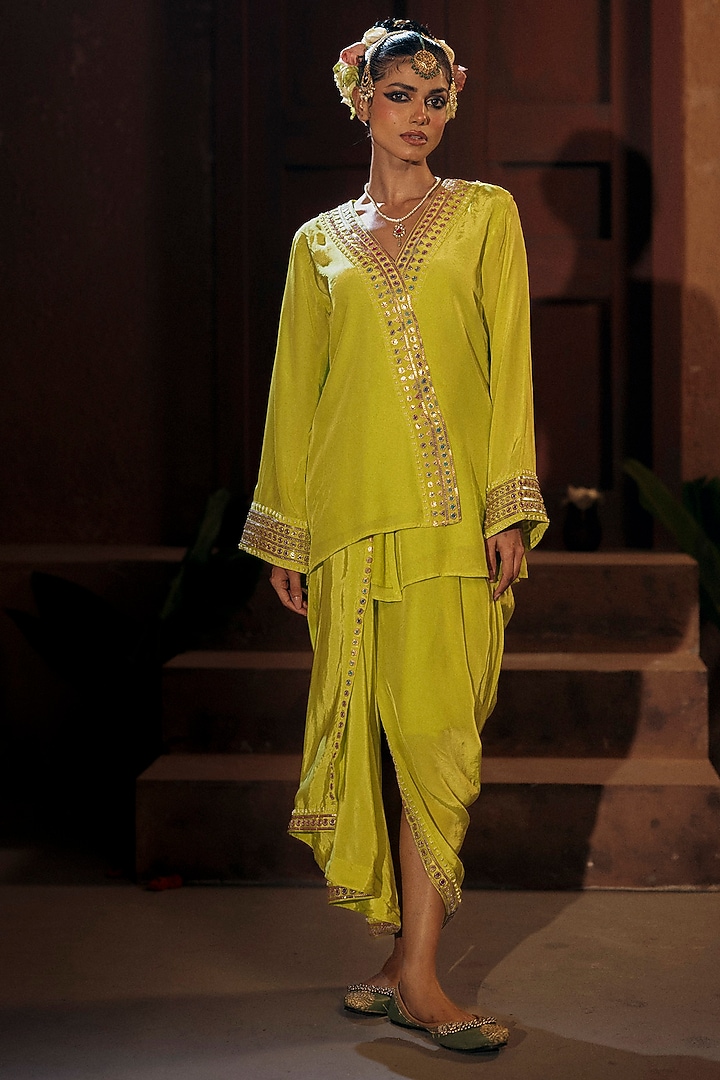 Sublime Yellow Vegan Crepe Silk Skirt Set by Prahnaaya at Pernia's Pop Up Shop