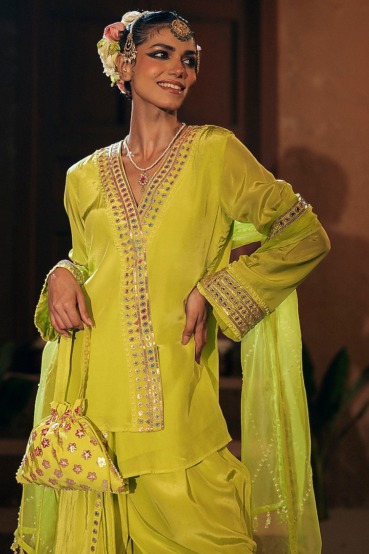 Sublime Yellow Vegan Crepe Silk Skirt Set by Prahnaaya at Pernia's Pop Up Shop
