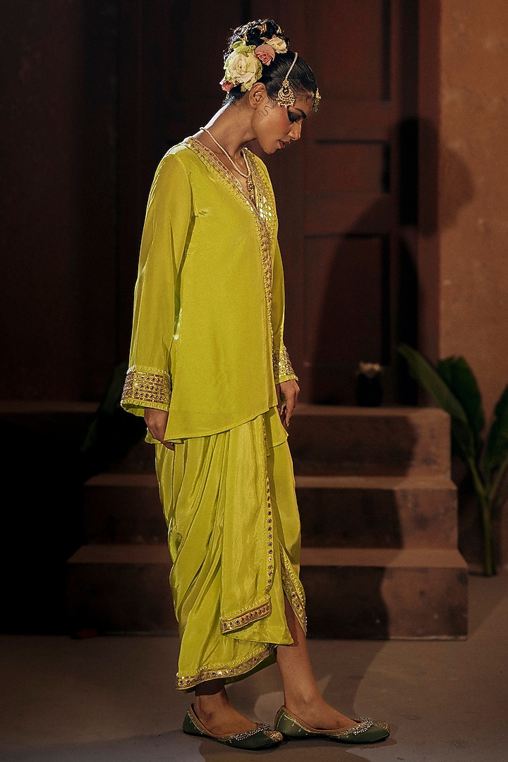 Sublime Yellow Vegan Crepe Silk Skirt Set by Prahnaaya at Pernia's Pop Up Shop