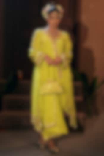 Sublime Yellow Vegan Crepe Silk Pleated Skirt Set by Prahnaaya at Pernia's Pop Up Shop