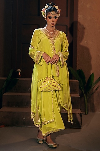 Sublime Yellow Vegan Crepe Silk Pleated Skirt Set by Prahnaaya