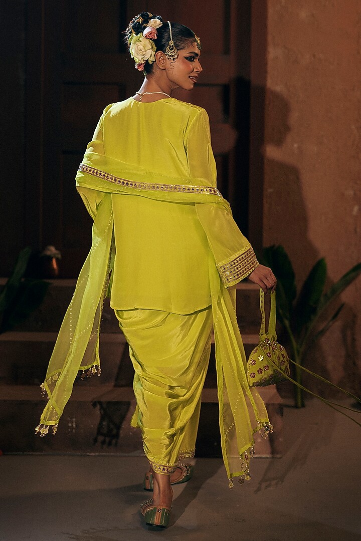 Sublime Yellow Vegan Crepe Silk Pleated Skirt Set by Prahnaaya at Pernia's Pop Up Shop