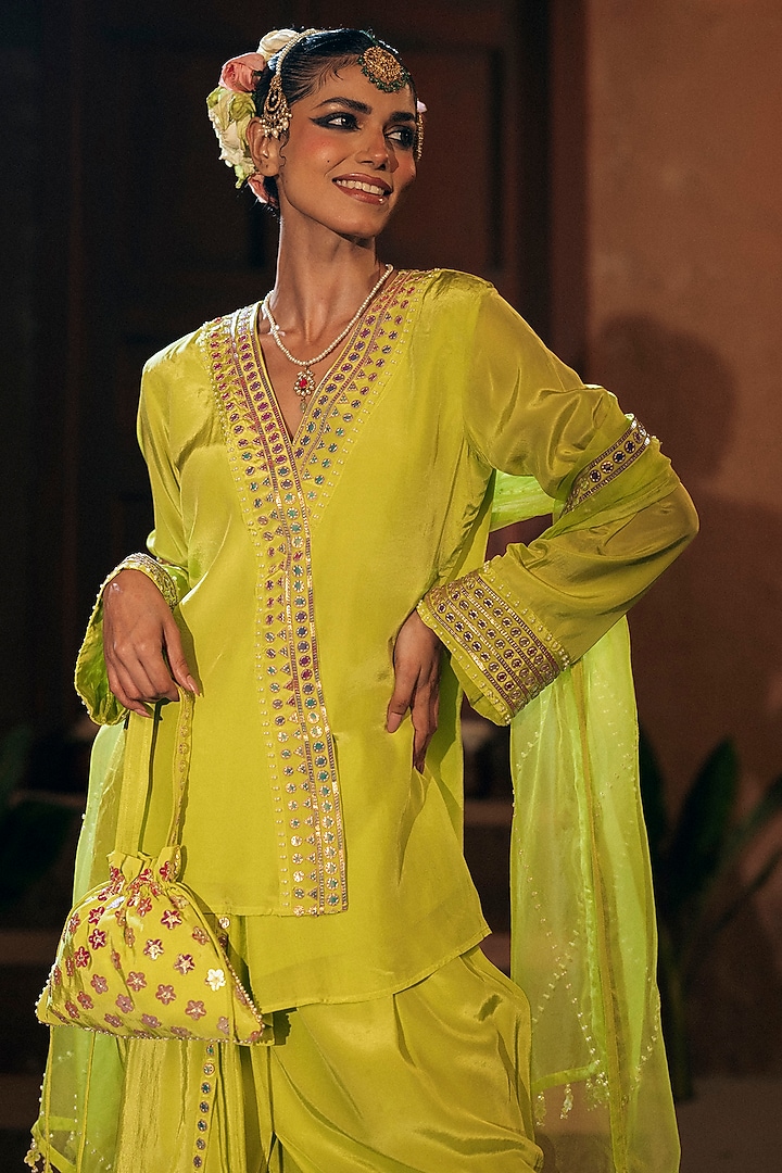 Sublime Yellow Vegan Crepe Silk Pleated Skirt Set by Prahnaaya at Pernia's Pop Up Shop