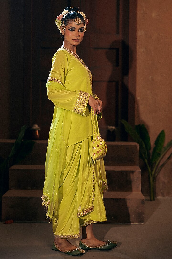 Sublime Yellow Vegan Crepe Silk Pleated Skirt Set by Prahnaaya at Pernia's Pop Up Shop