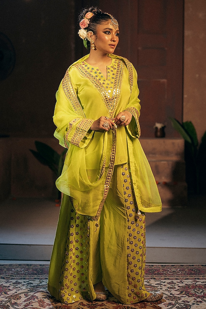 Sublime Yellow Vegan Crepe Silk Wedding Sharara Set by Prahnaaya at Pernia's Pop Up Shop