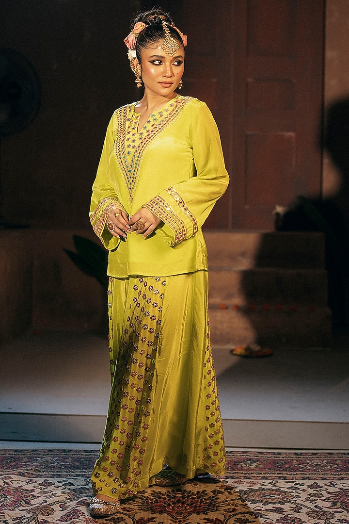 Sublime Yellow Vegan Crepe Silk Wedding Sharara Set by Prahnaaya at Pernia's Pop Up Shop