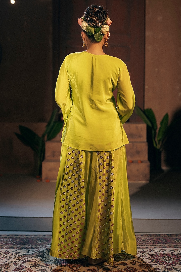 Sublime Yellow Vegan Crepe Silk Wedding Sharara Set by Prahnaaya at Pernia's Pop Up Shop