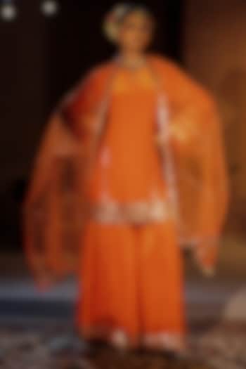 Orange Vegan Crepe Silk Wedding Sharara Set by Prahnaaya at Pernia's Pop Up Shop