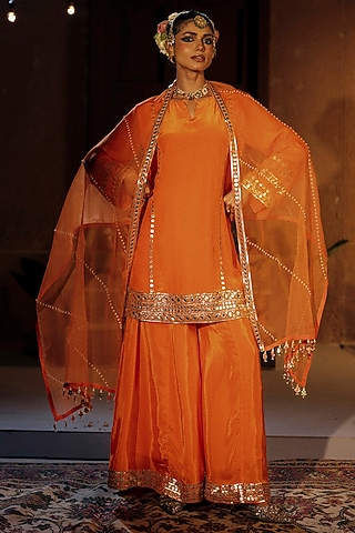 Orange Vegan Crepe Silk Sharara Set by Prahnaaya