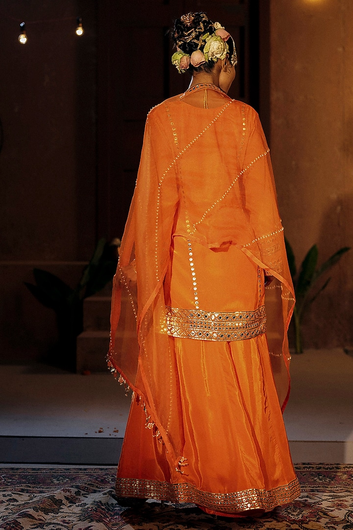 Orange Vegan Crepe Silk Wedding Sharara Set by Prahnaaya at Pernia's Pop Up Shop