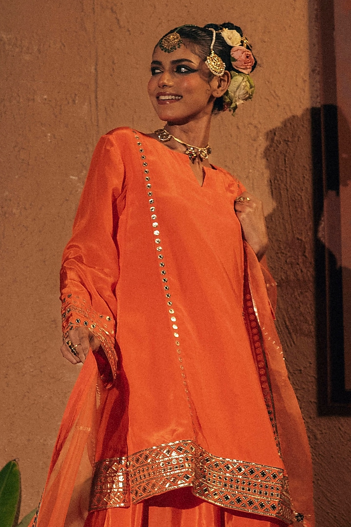 Orange Vegan Crepe Silk Wedding Sharara Set by Prahnaaya at Pernia's Pop Up Shop
