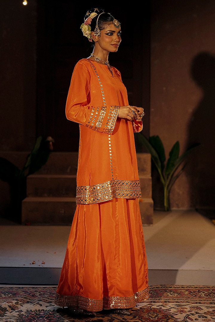 Orange Vegan Crepe Silk Wedding Sharara Set by Prahnaaya at Pernia's Pop Up Shop
